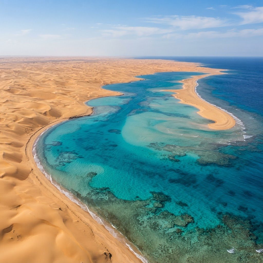 Aerial view of golden desert dunes meeting the turquoise Red Sea