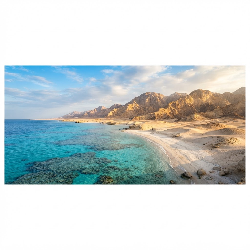 The Red Sea meeting the golden desert at Marsa Alam